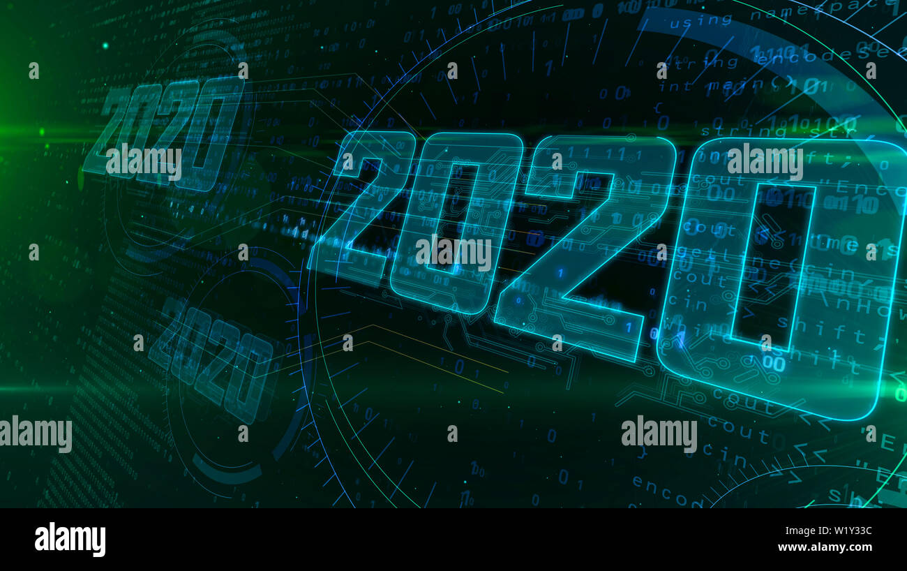 2020 Anno di innovazione ologramma intro sul dynamic sfondo digitale. Moderno e futuristico concetto 3d'illustrazione. Foto Stock
