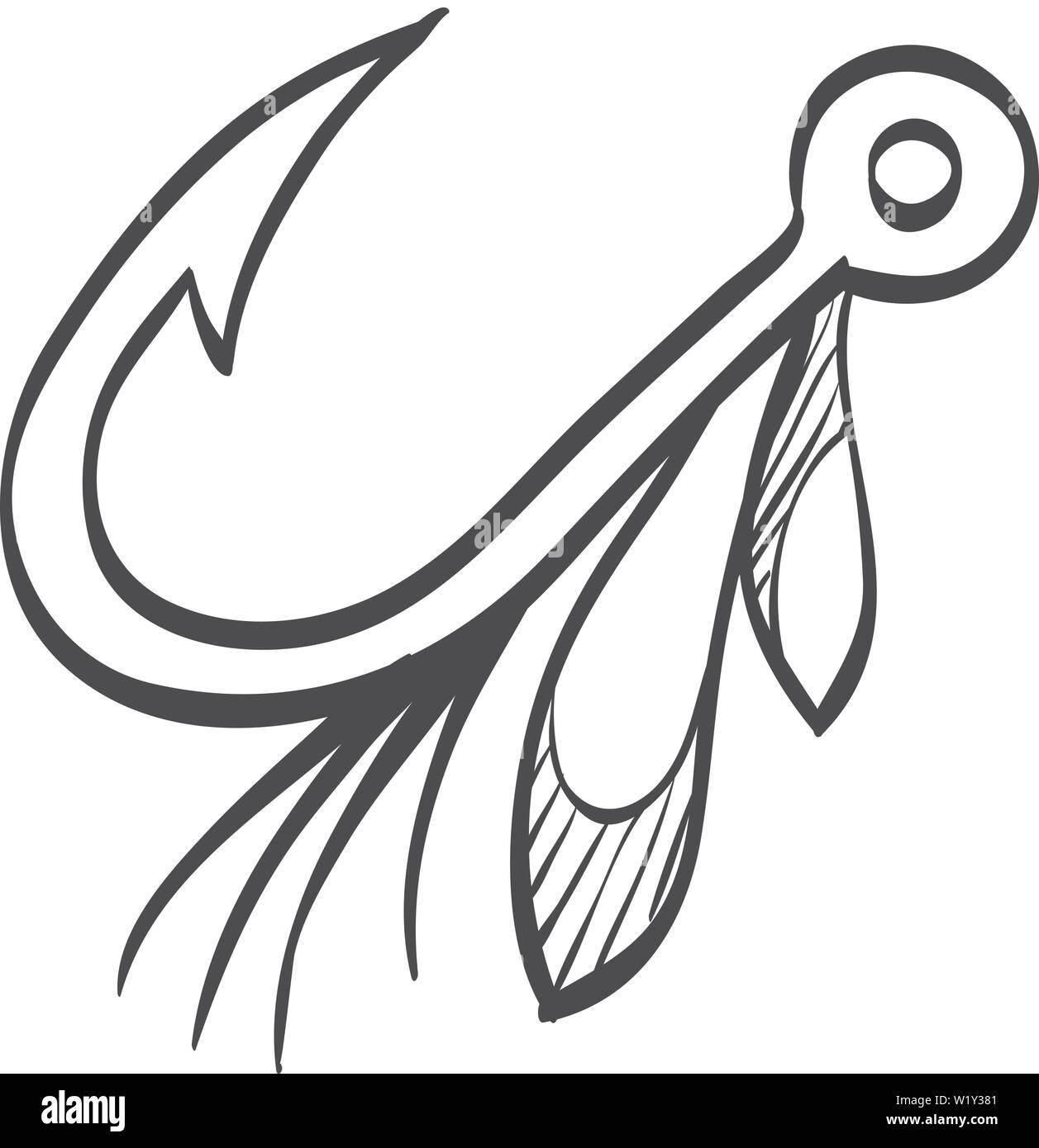 Esca artificiale icona nel doodle disegna linee. Sport acqua mare lago fiume attira la ricreazione Illustrazione Vettoriale