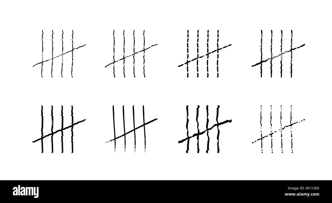 Simboli della prigione, carcere marchi tally. Mano Le linee tracciate o bastoni, corse ordinati per quattro e barrato. I simboli vettoriali. Illustrazione Vettoriale