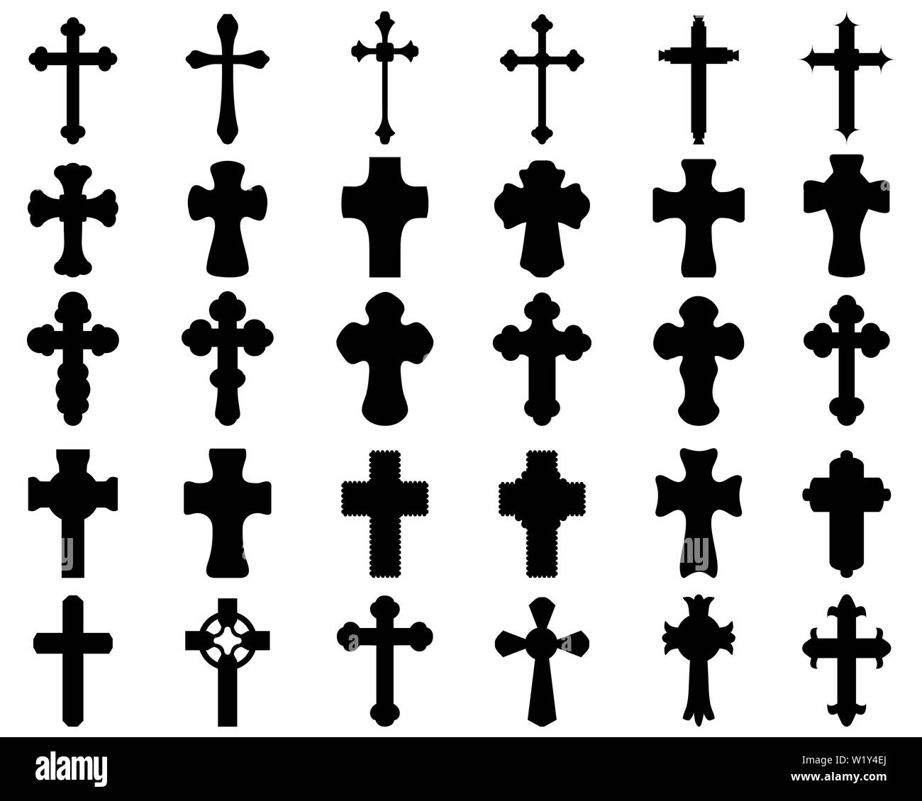 Grande set di silhouette nera di diverse croci, vari simboli religiosi Foto Stock