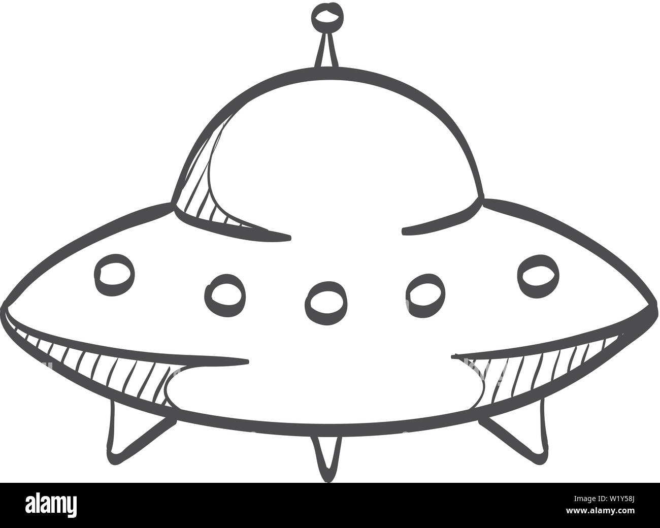 Flying Saucer icona nel doodle disegna linee. Alien, spazio esterno, invasione di terra Illustrazione Vettoriale
