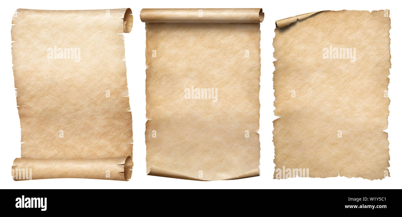 Tre Vecchi verticale pergamene raccolta isolato su bianco Foto Stock