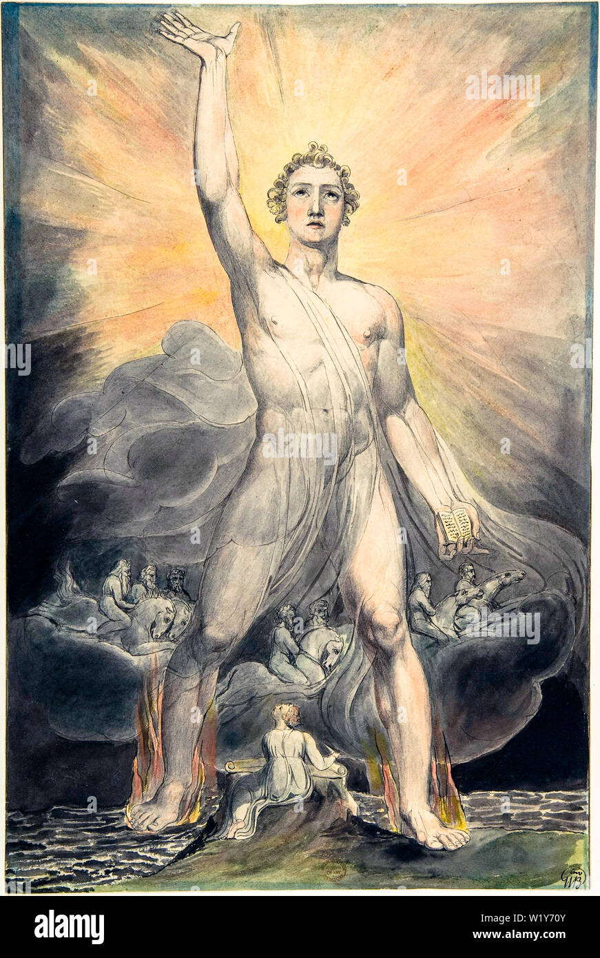 William Blake, Angelo dell'Apocalisse, Libro dell'Apocalisse, Capitolo 10, pittura ad acquerello su penna e inchiostro, circa 1803-1805 Foto Stock William Blake, Angelo dell'Apocalisse, Libro dell'Apocalisse, Capitolo 10, pittura ad acquerello su penna e inchiostro, circa 1803-1805 Foto Stock