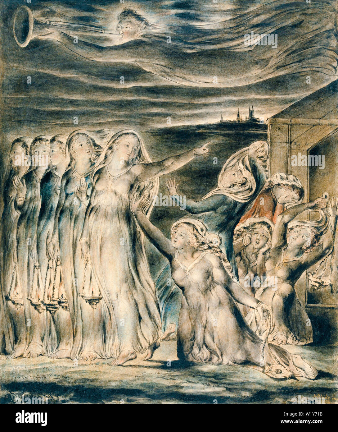 William Blake, la parabola delle vergini sagge e sciocche, pittura ad acquerello su penna e illustrazione a inchiostro, circa 1825 Foto Stock