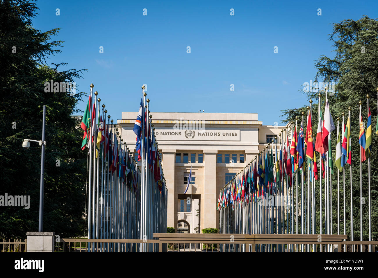 Gli Stati membri delle Nazioni Unite " Bandiere sollevato presso il Palais des Nations, Ginevra, Svizzera Foto Stock