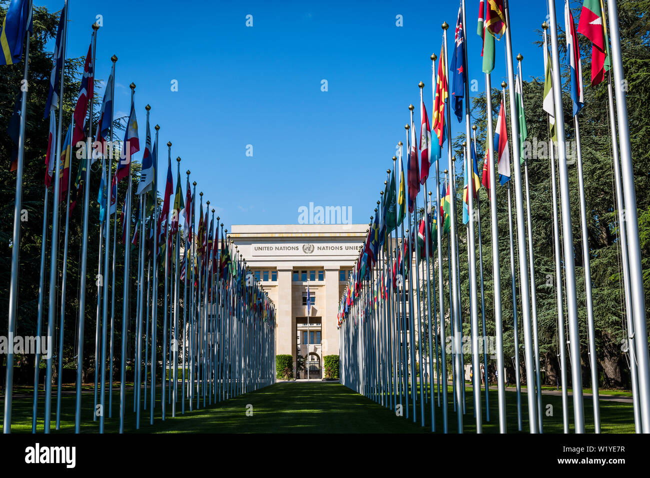 Gli Stati membri delle Nazioni Unite " Bandiere sollevato presso il Palais des Nations, Ginevra, Svizzera Foto Stock