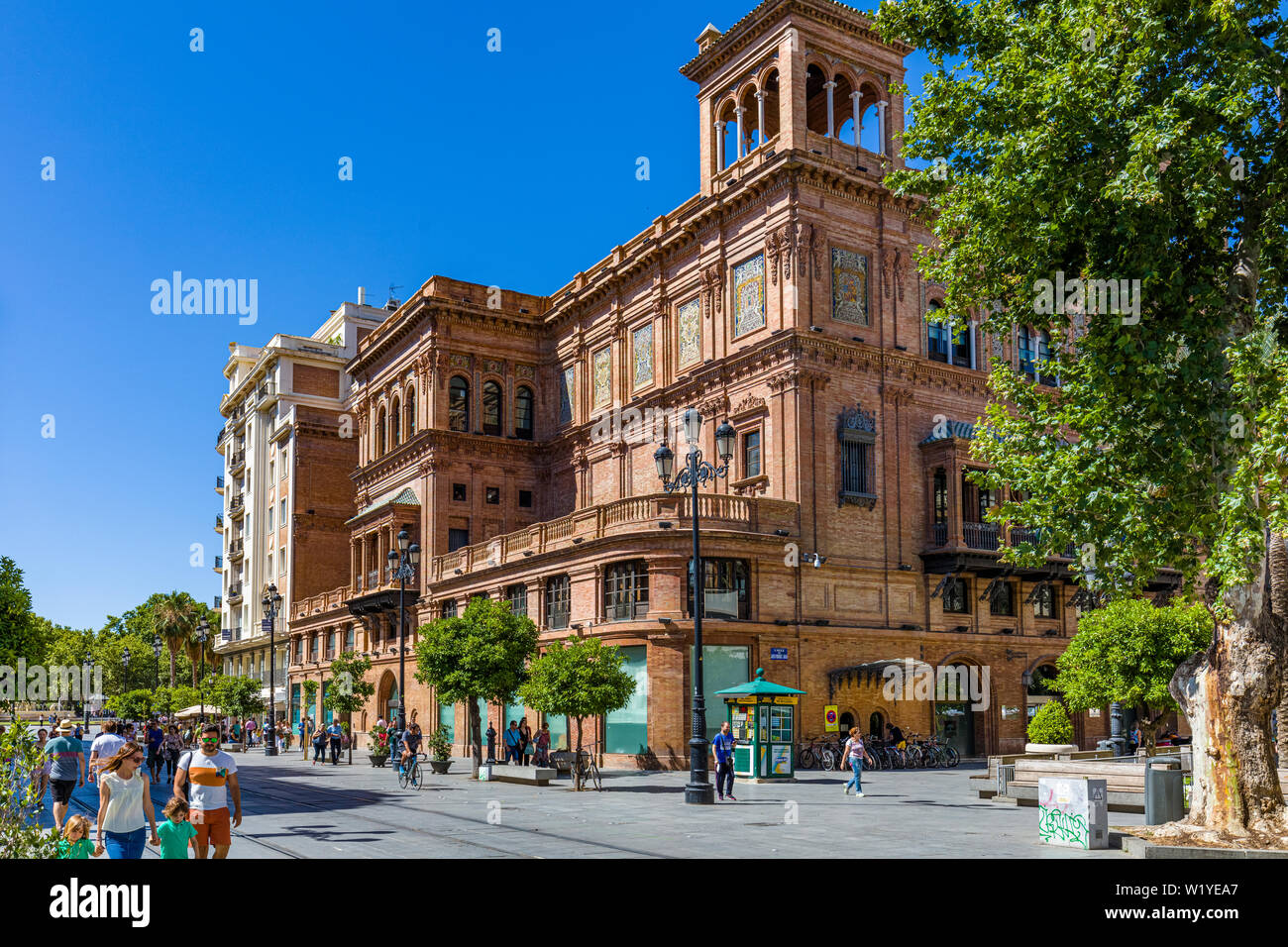 Avenida de la Constitucion nel centro storico centro di Siviglia, in Andalusia, Spagna, Europa Foto Stock