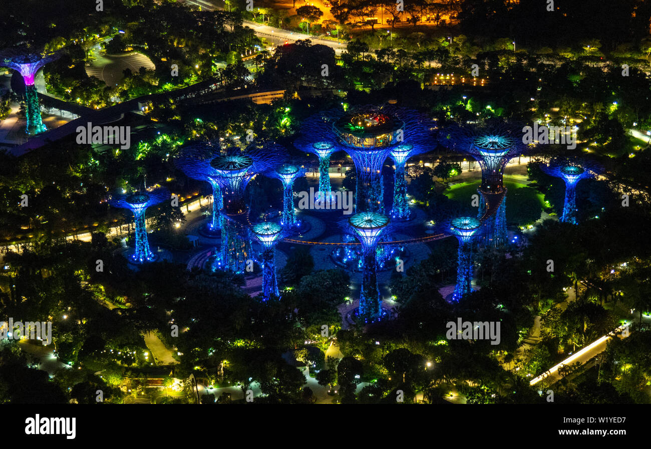 Supertree Grove in giardini dalla baia illuminata di notte di Singapore. Foto Stock