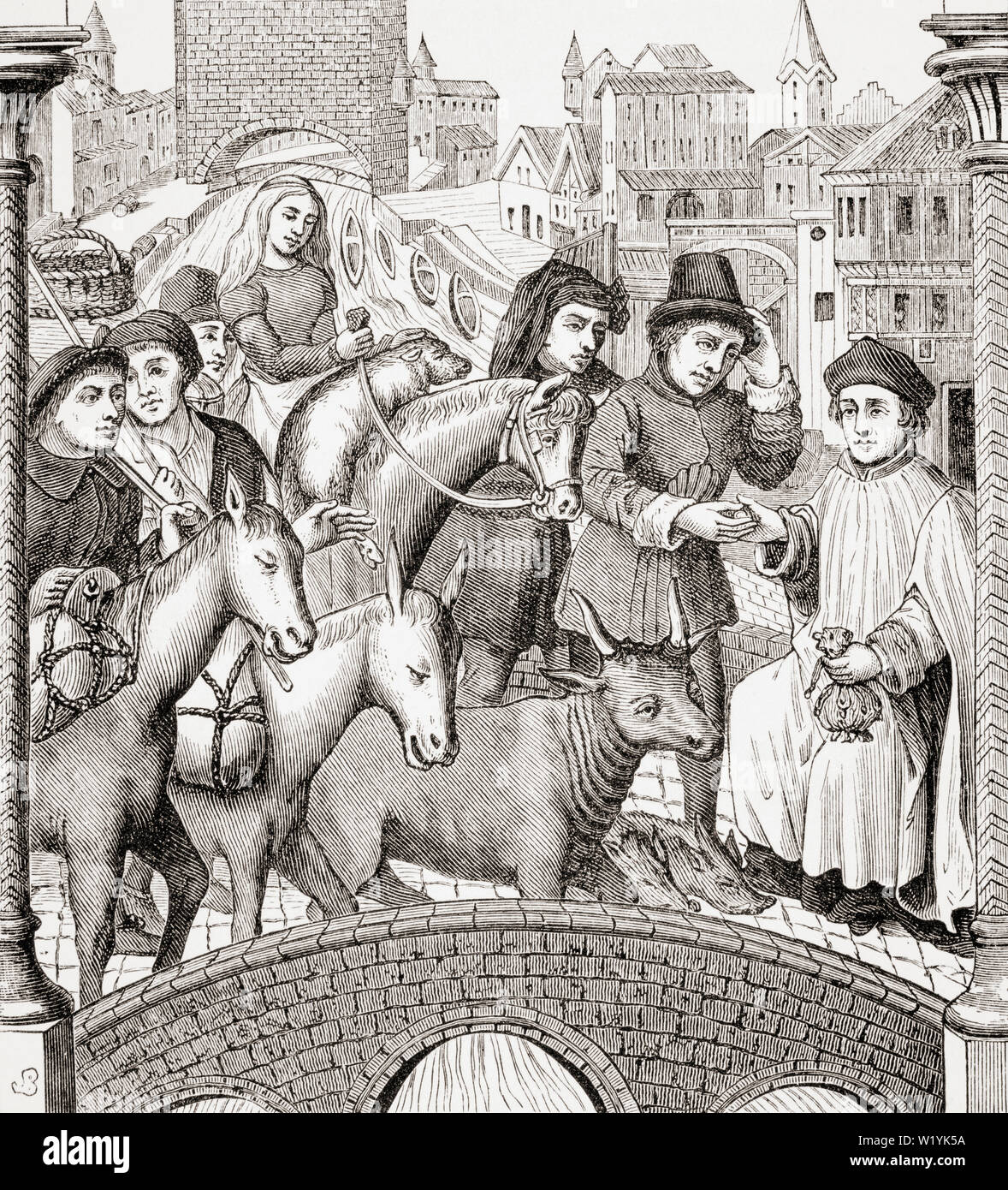 Pagando il pedaggio Sul Passaggio di un ponte, da una finestra dipinta 15th secolo nella Cattedrale di Tournay. Foto Stock