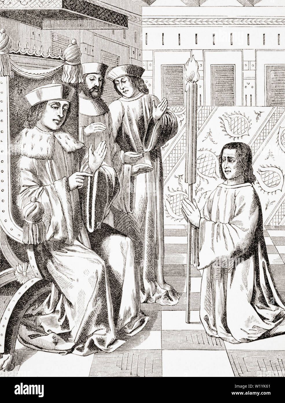 Amende onorevoli di Jacques Coeur prima Carlo VII. Copia del xv secolo miniatura Chroniques di Monstrelet Foto Stock