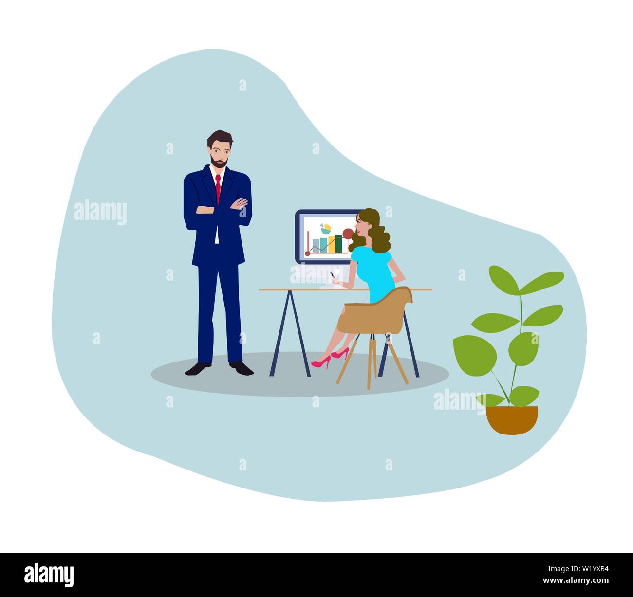 Vettore di un imprenditore e imprenditrice parlando a discutere di lavoro in ufficio Illustrazione Vettoriale