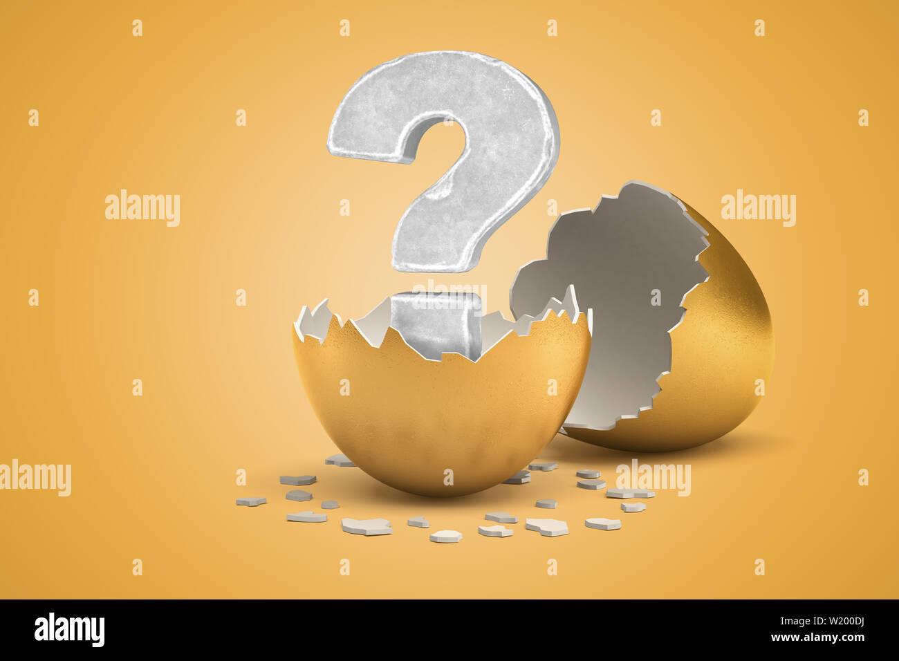 3D rendering di pietra interrogativo fuori da cova delle uova d'oro su sfondo giallo Foto Stock
