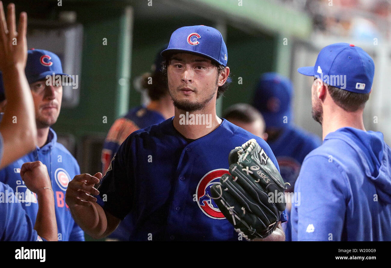 Pittsburgh, Pennsylvania, USA. 3 Luglio, 2019. Chicago Cubs a partire lanciatore Yu Darvish (11) in panchina dopo essere stato rimosso dal gioco dopo aver depennato 6 e consentire 4 guadagnati eseguito durante il Major League Baseball gioco tra il Chicago Cubs e Pittsburgh Pirates al PNC Park di Pittsburgh, in Pennsylvania. (Photo credit: Nicholas T. LoVerde/Cal Sport Media) Credito: csm/Alamy Live News Foto Stock