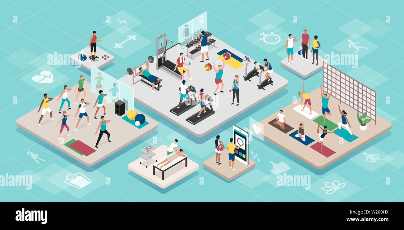 Giovani felici persone che praticano sport insieme alla palestra e diversi allenamenti: fitness, della salute e del concetto di formazione, vettore interni isometrica Illustrazione Vettoriale