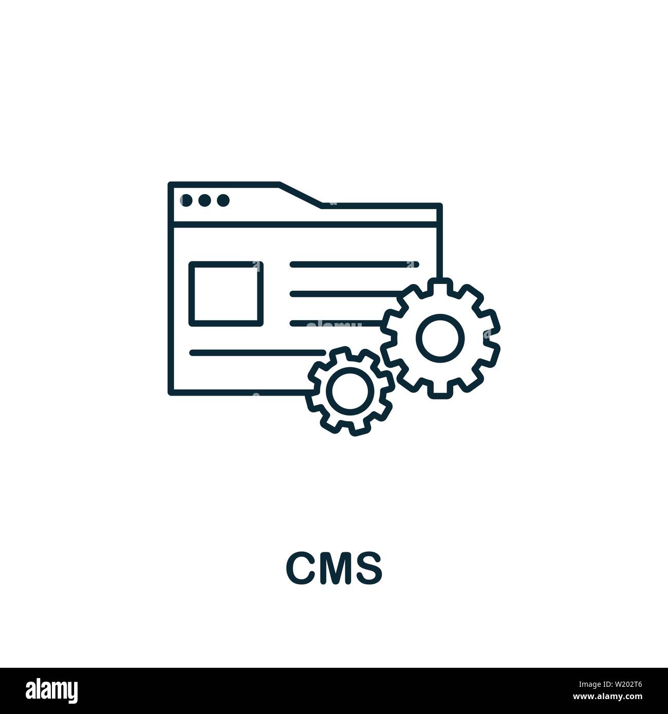Icona del contorno CMS. Elemento concetto sottile dalla raccolta icone contenuto. Icona Creative CMS per applicazioni mobili e utilizzo Web Illustrazione Vettoriale