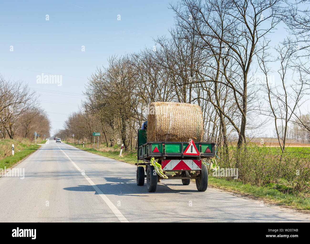 Piccolo carrello porta un rotolo di fieno lungo la strada asfaltata Foto Stock