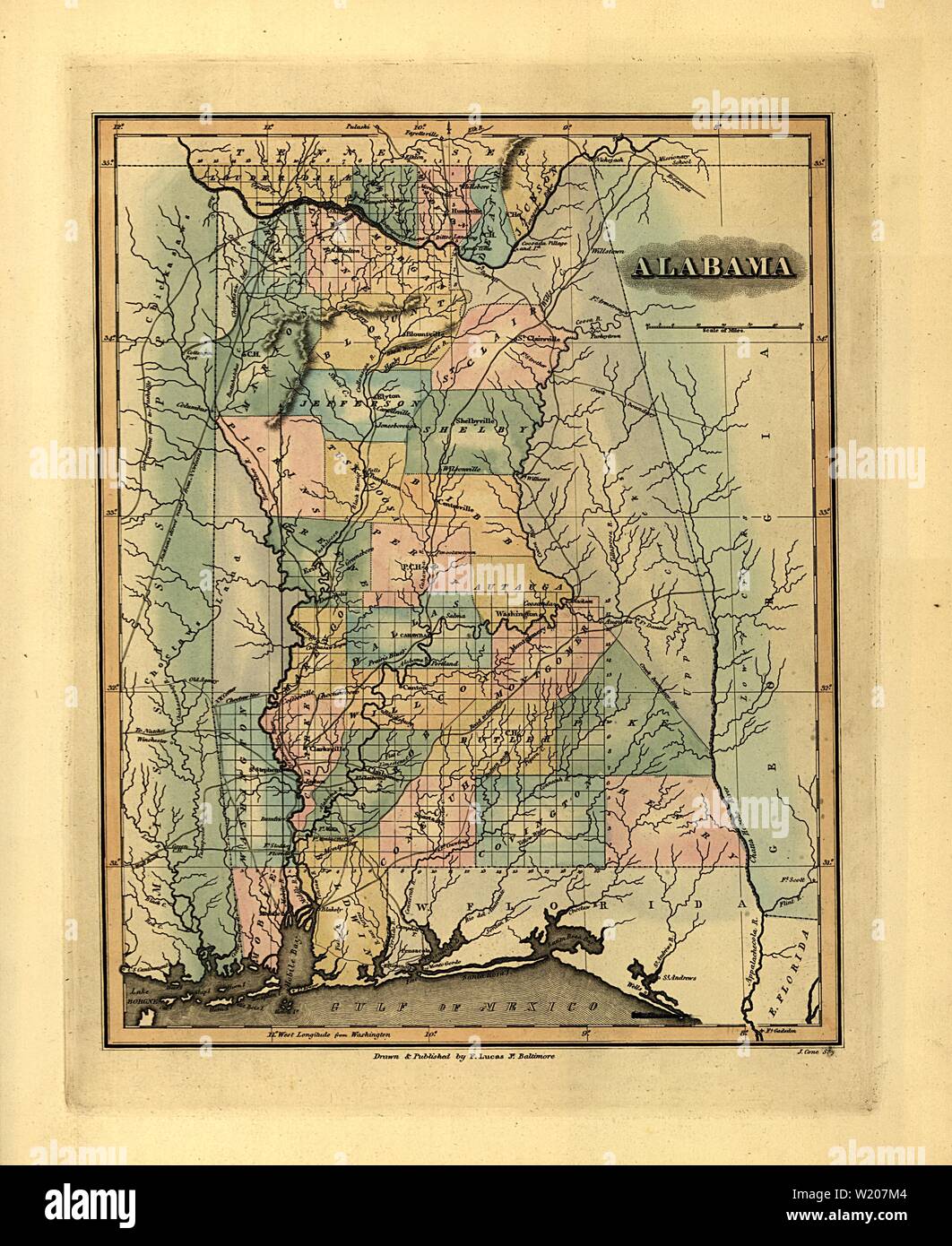 1826 Mappa dell'Alabama - Vintage Anticharian Mappa di Lucas Foto Stock