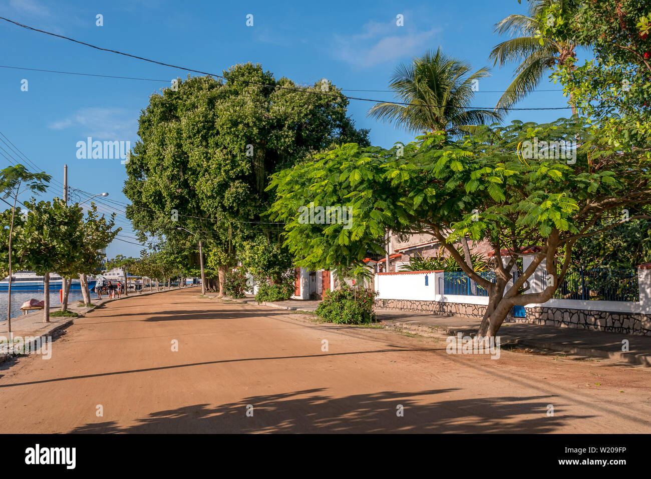 Rio de Janeiro, Brasile - 22 Giugno 2019: street di Paqueta isola con le sue case, alberi e qualche irriconoscibile la gente camminare su un giorno di estate con b Foto Stock