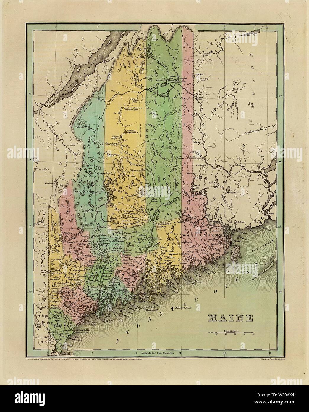 1838 Maine Map - Vintage Anticharian Map di Bradford Foto Stock