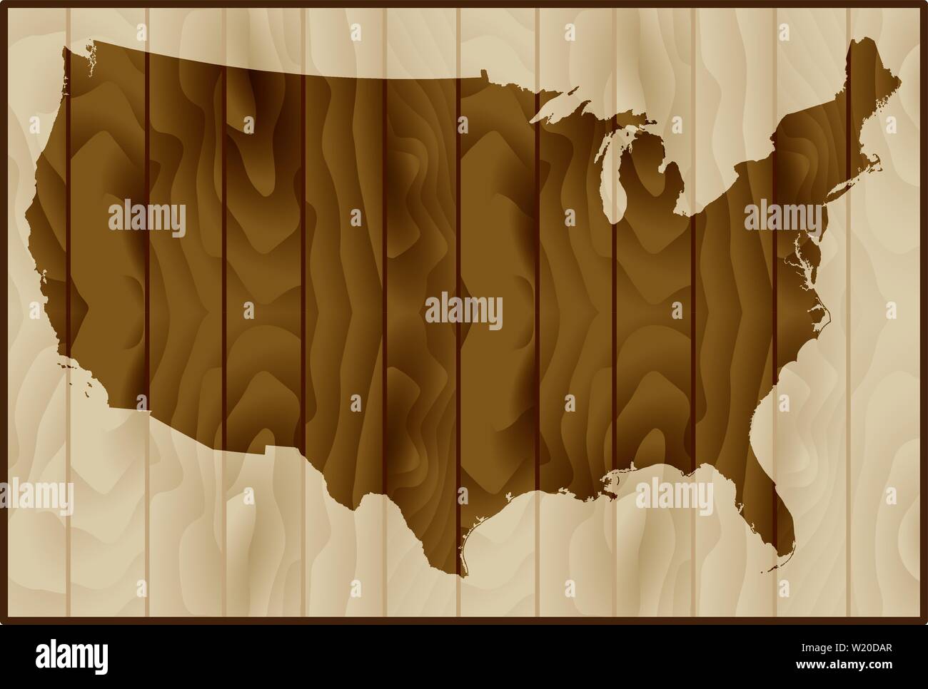 Illustrazione Vettoriale di mappa USA su uno sfondo di legno Illustrazione Vettoriale