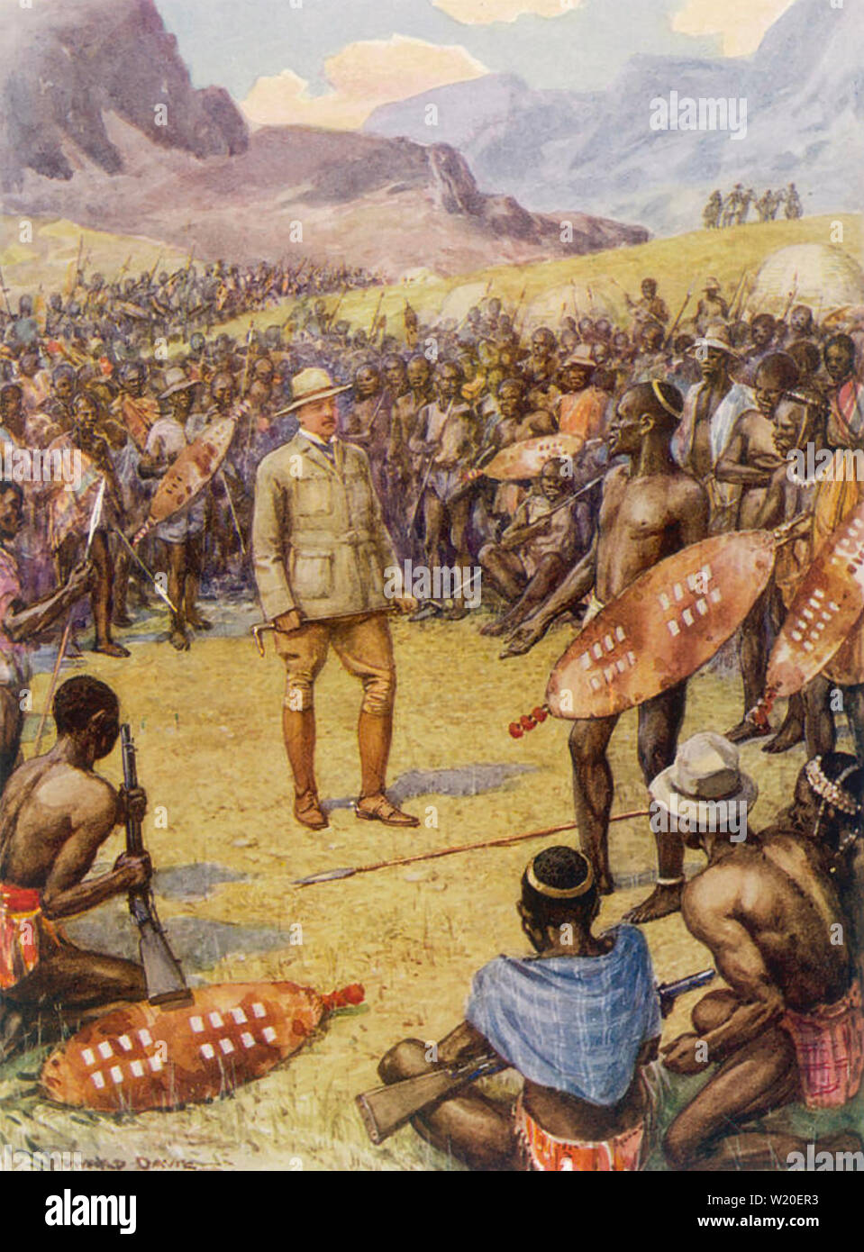 CECIL RHODES (1853-1902) British imprenditore nei colloqui di pace con i membri dei Ndebele in colline di Matobo termina la seconda guerra Matabele Foto Stock