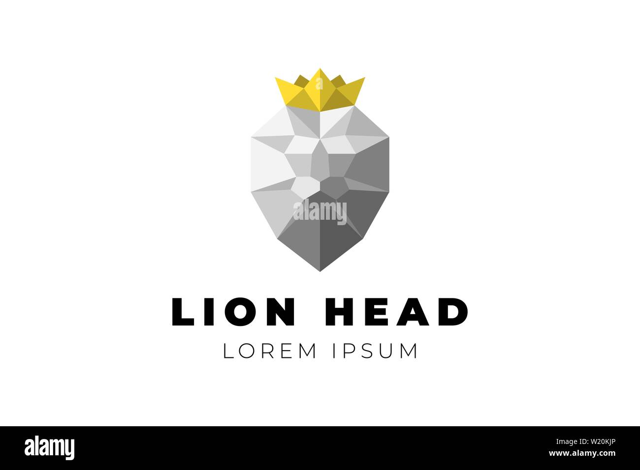 Geometriche poligonali a bassa poli testa leone con corona d'oro. Origami triangolo grigio poligono illustrazione vettoriale Illustrazione Vettoriale