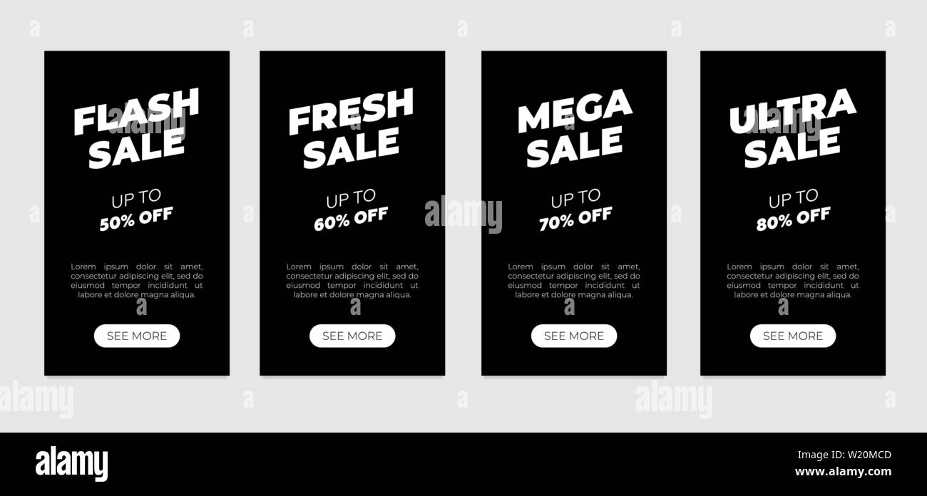 Set di modelli per la progettazione di banner di vendita. Pulire il volantino su sfondo nero. Poster dell'offerta retail flash FRESH mega ultra sconto. Illustrazione del coupon promozionale di marketing vettoriale Illustrazione Vettoriale