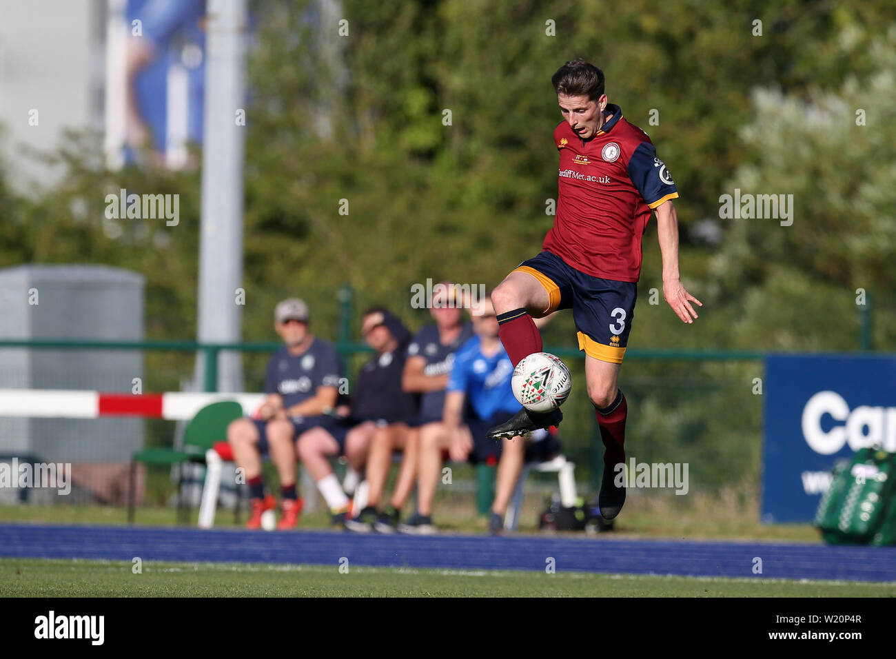 Cardiff, Regno Unito. 04 Luglio, 2019. Kyle McCarthy di Cardiff ha incontrato in azione. UEFA Europa League preliminari di turno di qualificazione corrispondono, seconda gamba, Cardiff Metropolitan University (Galles) v FC Progres Niederkorn (Lussemburgo) a Cardiff International Sports campus Stadium di Cardiff, Galles del Sud giovedì 4 luglio 2019. Editoriale solo utilizzo. pic da Andrew Orchard/Andrew Orchard fotografia sportiva/Alamy Live News Credito: Andrew Orchard fotografia sportiva/Alamy Live News Foto Stock