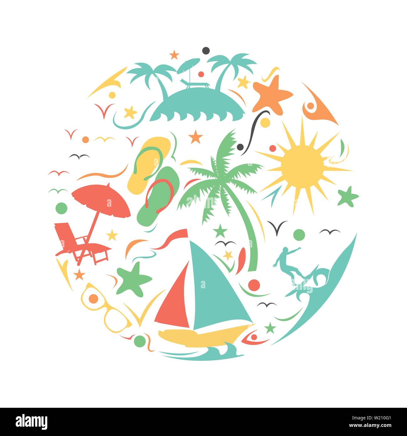 L'estate tropicale sulla spiaggia concetto icona a forma di cerchio Illustrazione Vettoriale