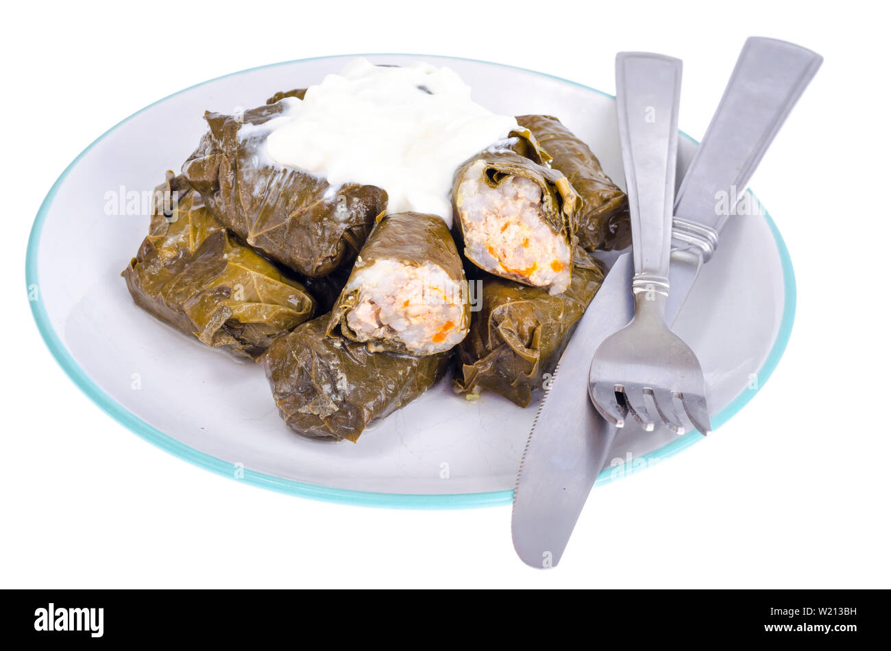 Dolma con carne e riso da uve di foglie. Foto Stock