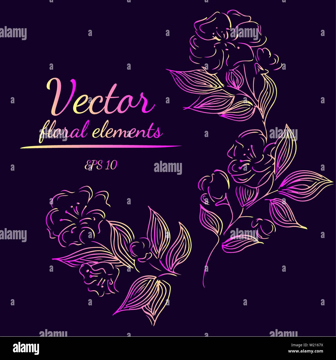 Disegnata a mano illustrazioni vettoriali astratto del set di violetta, giallo e fiori di colore rosa. Disegnata a mano schizzo di fiori Illustrazione Vettoriale