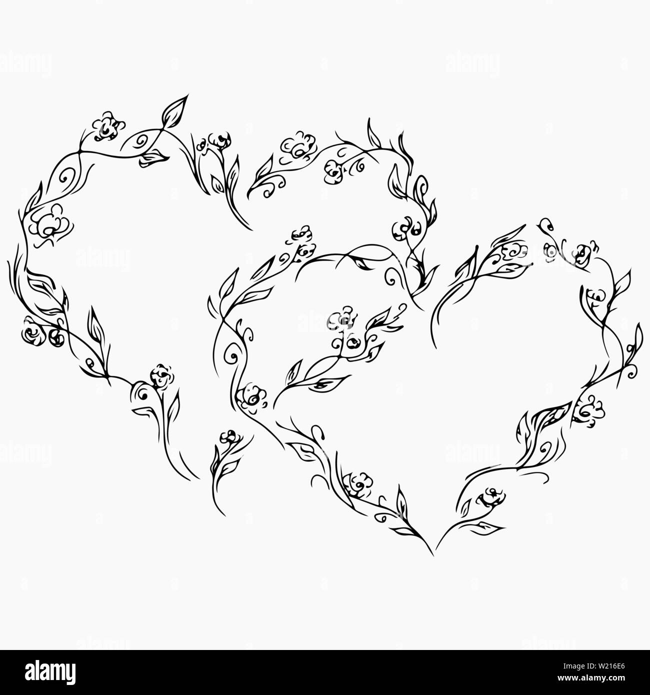 Corona di rose nero o le peonie fiori e rami in forma di cuore. Foral telaio elementi di design per gli inviti, biglietti di auguri, poster, blog. H Illustrazione Vettoriale