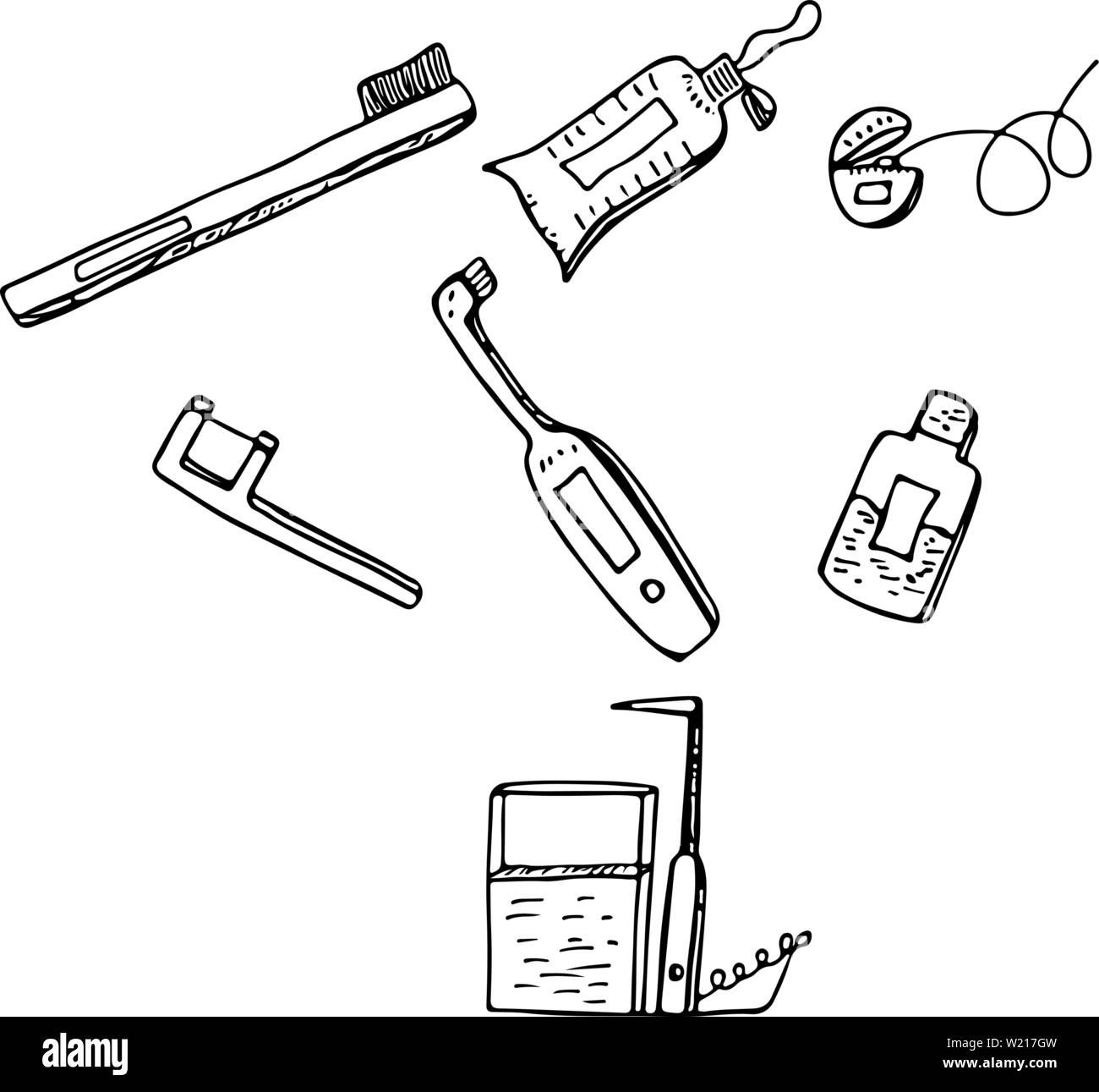 Servizi odontoiatrici oggetti isolati su sfondo nero . Doodle stile pulizia dentale e gli strumenti di assistenza. Odontostomatologia e ortodonzia e strumenti Illustrazione Vettoriale