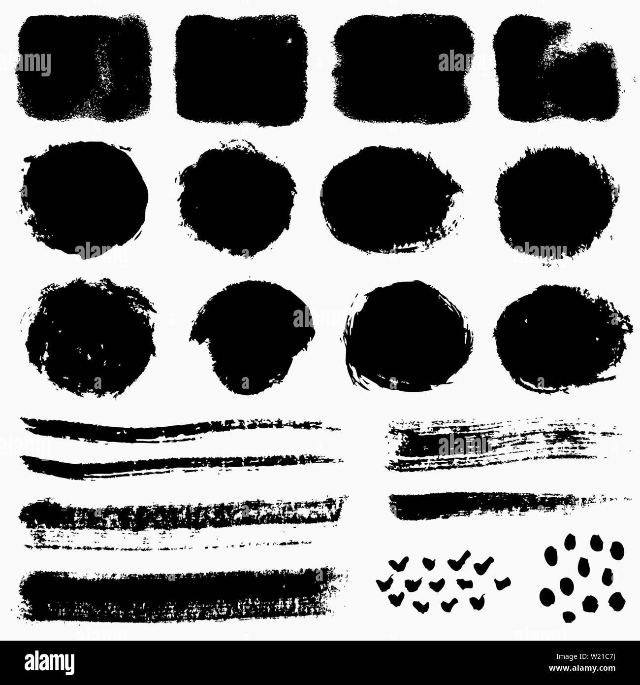 Dipingere i tratti di pennello e grunge macchie isolate su sfondo bianco. Vettore di elementi di design per il pennello texture, telaio, banner o una casella di testo. Illustrazione Vettoriale