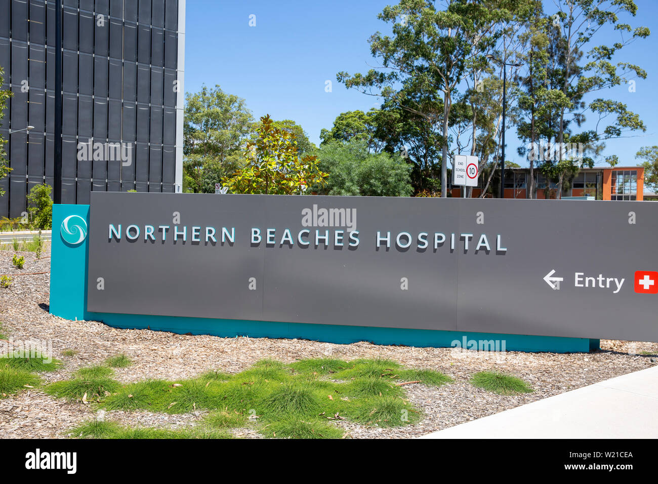 Sydney,spiagge settentrionali ospedale e strada segno all'entrata dell'ospedale, Sydney, Australia Foto Stock