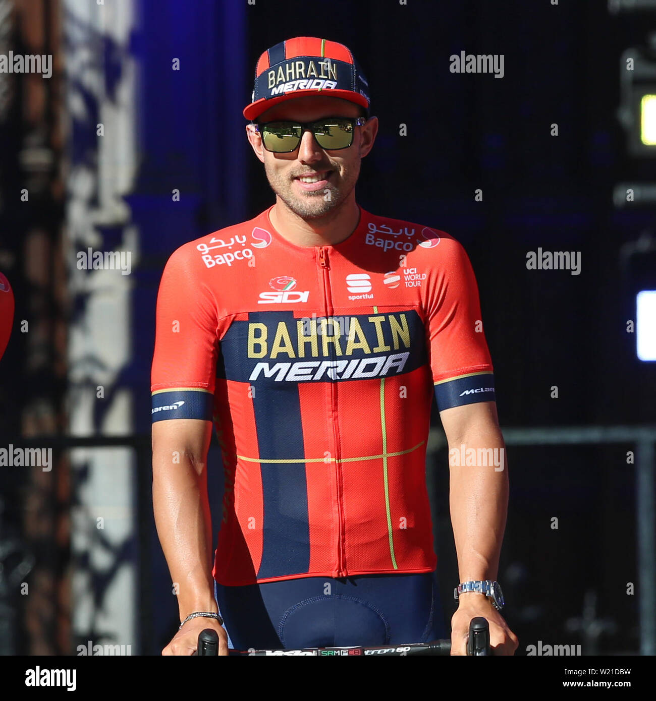 Bruxelles, Belgio. 04 Luglio, 2019. Bruxelles - 4-07-2019, ciclismo, Team BAHRAIN MERIDA all'inizio della 106ª Tour de France con Sonny Colbrelli Credito: Pro scatti/Alamy Live News Foto Stock