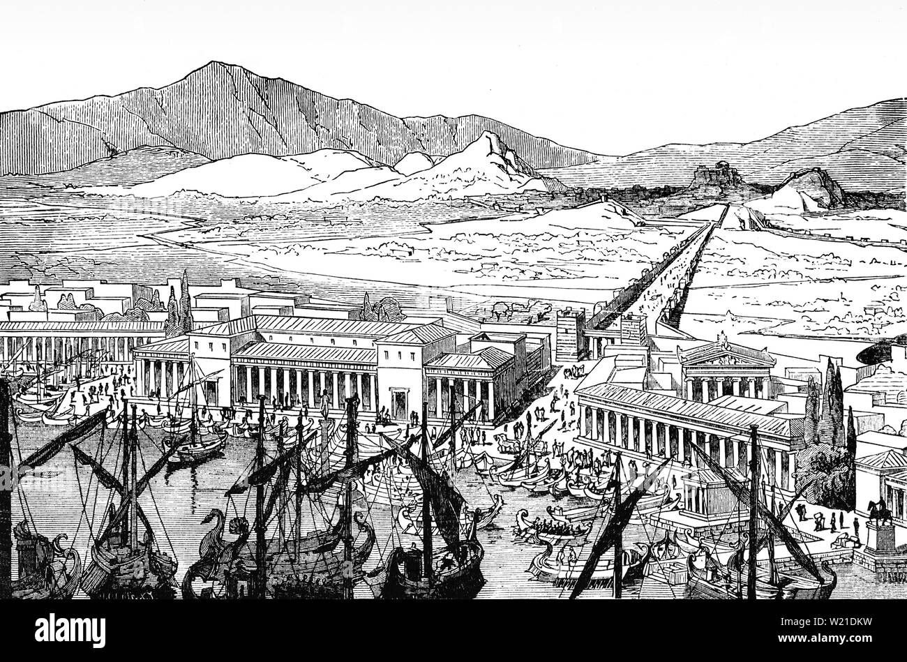 Una veduta aerea del Pireo e le pareti lunghe che collegato ad Atene ai suoi porti al Pireo e Phalerum. Le pareti, a circa 6 km di lunghezza, sono stati inizialmente costruito nella metà del V secolo a.c. e provvisto di una connessione sicura al mare anche durante i periodi di assedio. Essi furono distrutti dagli spartani nel 403 a.c. dopo Atene sconfitta nella guerra del Peloponneso ma ricostruito con supporto per il persiano durante la guerra corinzie nel 395-391 A.C. Lungo le pareti sono state un elemento chiave del Greco ateniese strategia militare, fornendo la città con un collegamento costante al mare e contrastare assedi condotti da terra. Foto Stock