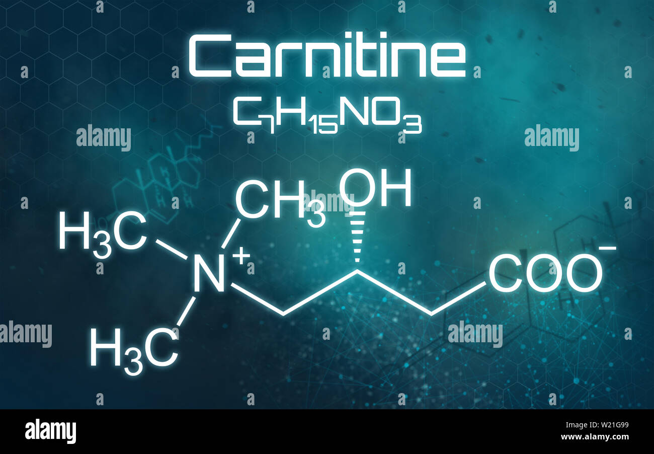 Formula chimica della carnitina su uno sfondo futuristico Foto Stock