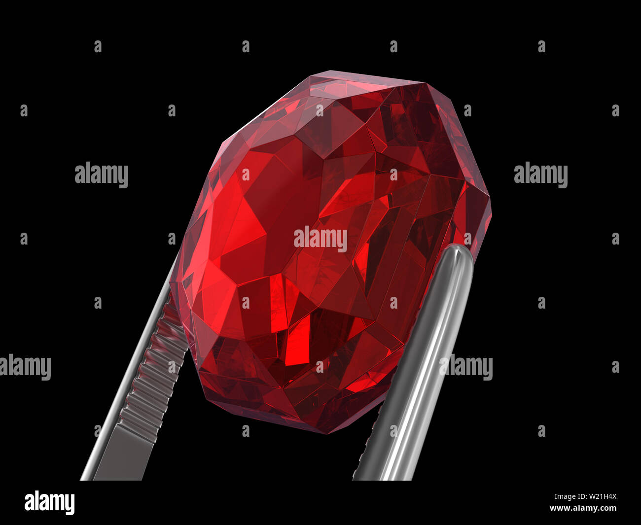 Ruby visto da vicino con le pinzette, 3D'illustrazione. Foto Stock