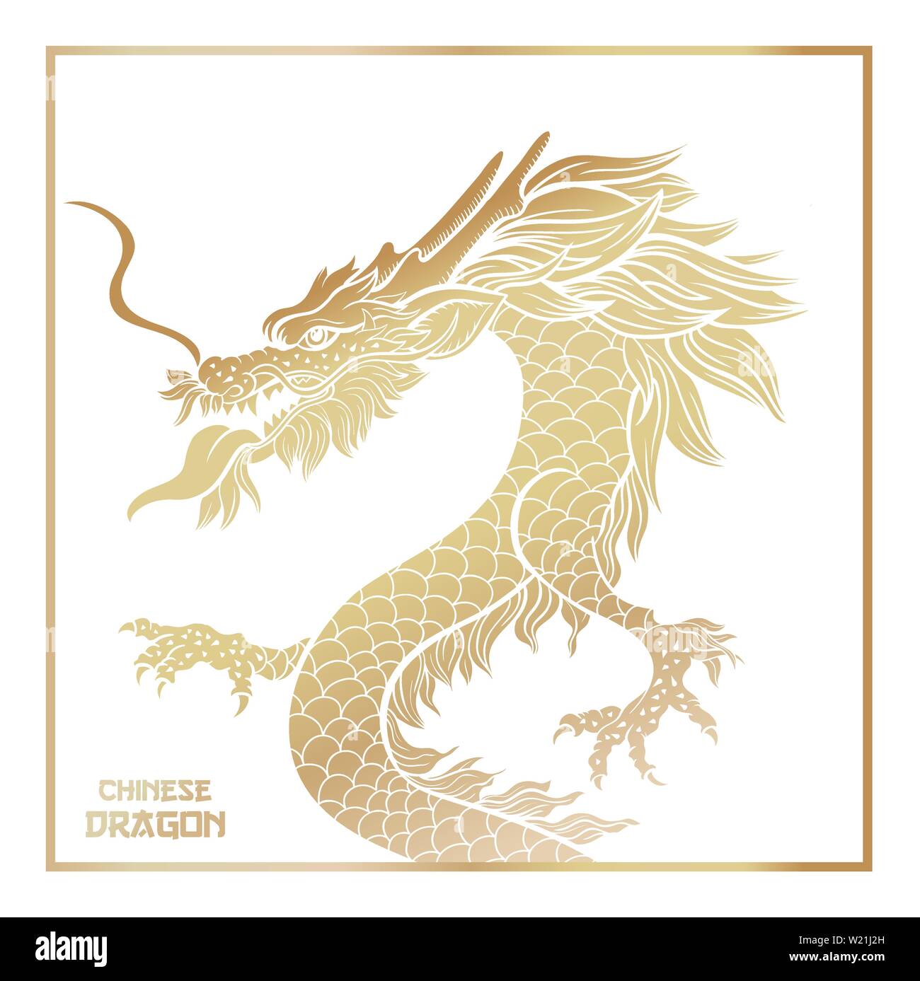 Cinese drago mitico modello poster. Il leggendario oriental personaggio mitologico su sfondo bianco. Asian cerimoniale di serpente nel minacciare pongono disegnati a mano illustrazione. Anno nuovo banner il layout di progettazione Illustrazione Vettoriale