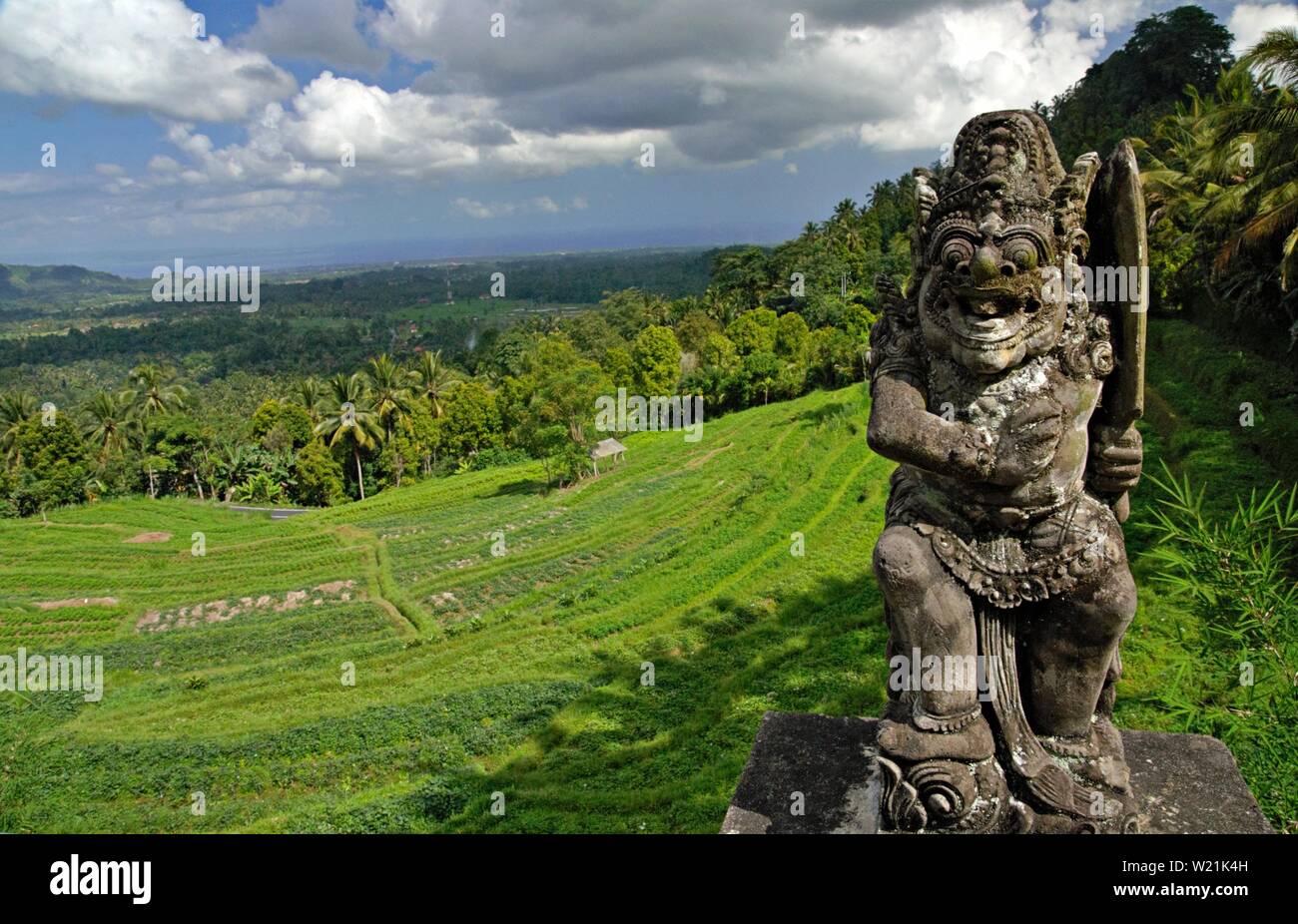 Un tradizionale design Balinese statua sul lato di una piantagione di terrazza. Foto Stock