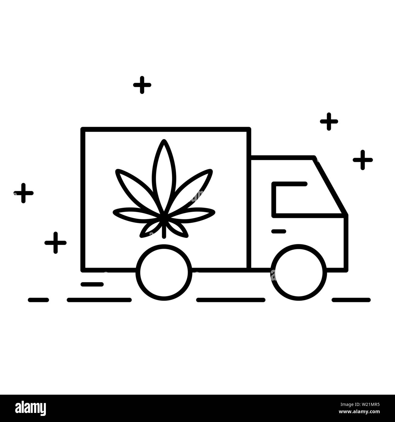 La consegna di cannabis. Illustrazione di una consegna icona del carrello con una foglia di marijuana. Consumo di droga, uso di marijuana. La legalizzazione della marijuana. Vect isolato Illustrazione Vettoriale
