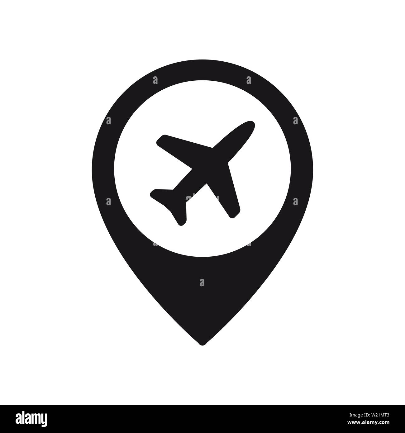 Aeroplano in posizione pin simbolo. Piano, icona di aeromobili o firmare il concetto. Illustrazione Vettoriale