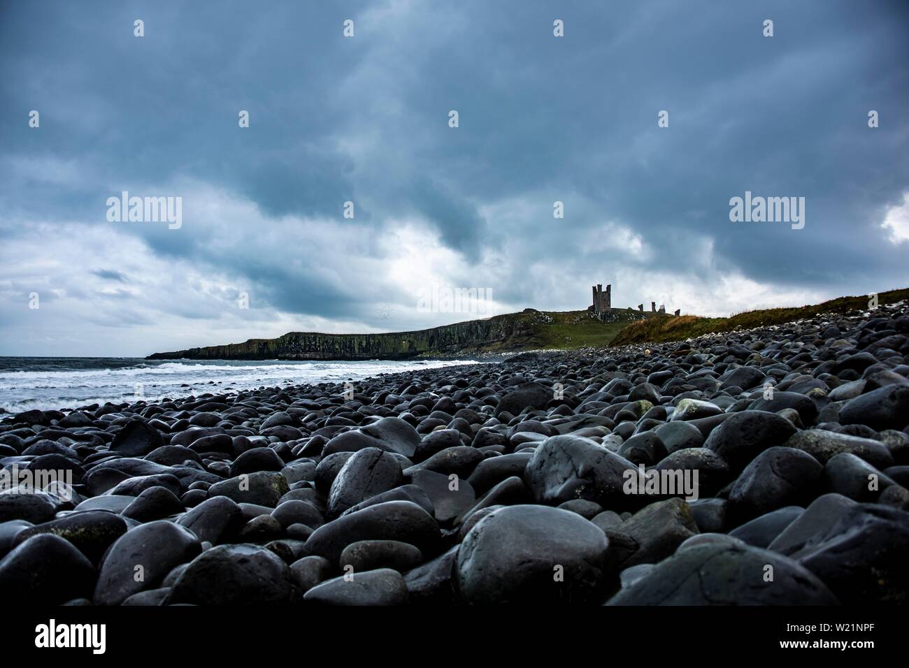 Nero, rotondo sulle rocce della costa, Dunstanburgh Castle con cielo nuvoloso nel retro, Craster, Northumberland, Gran Bretagna Foto Stock