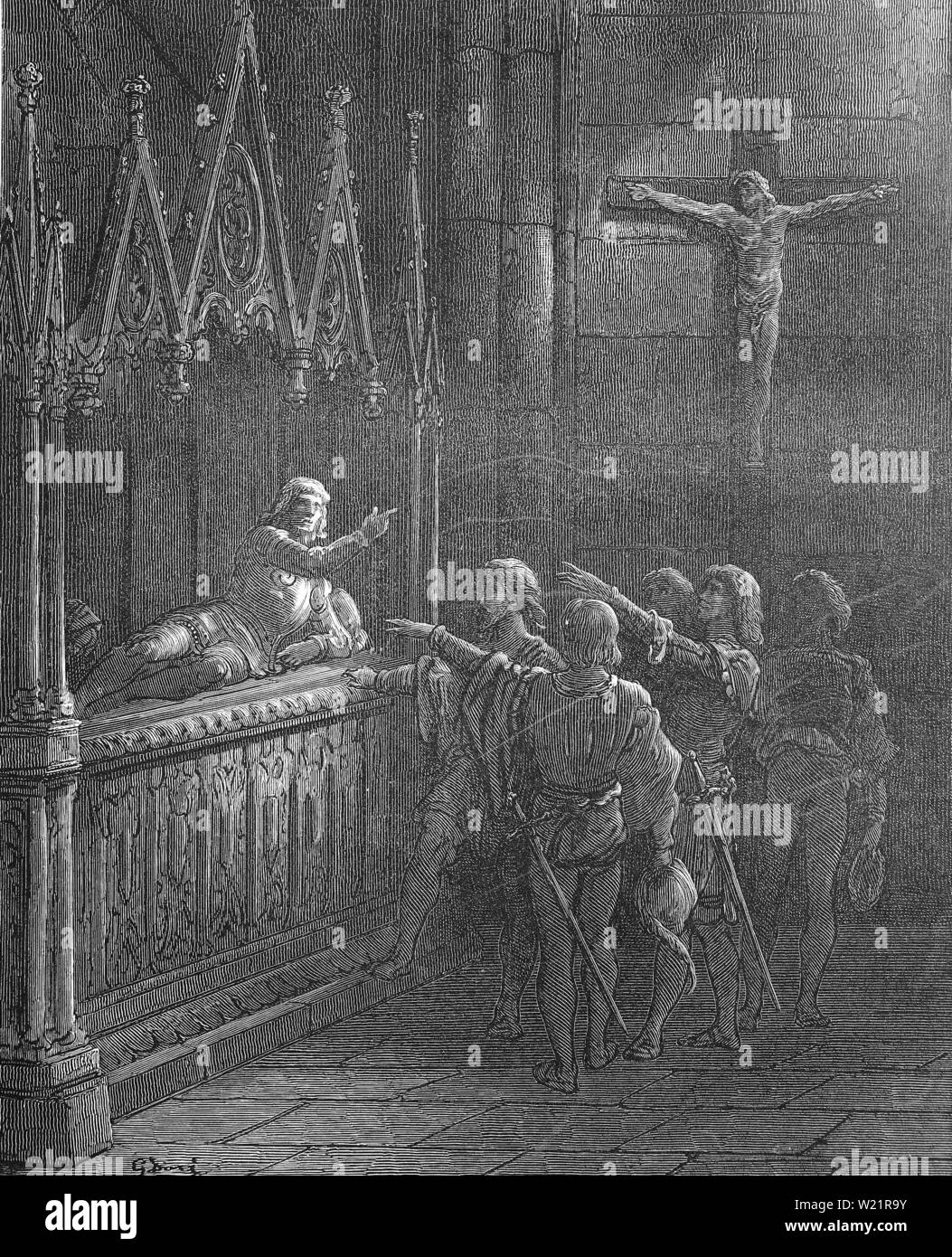 Il giuramento di cavaliere crociati prima della campagna, quarta crociata, 1885, storico woodprint, Inghilterra Foto Stock