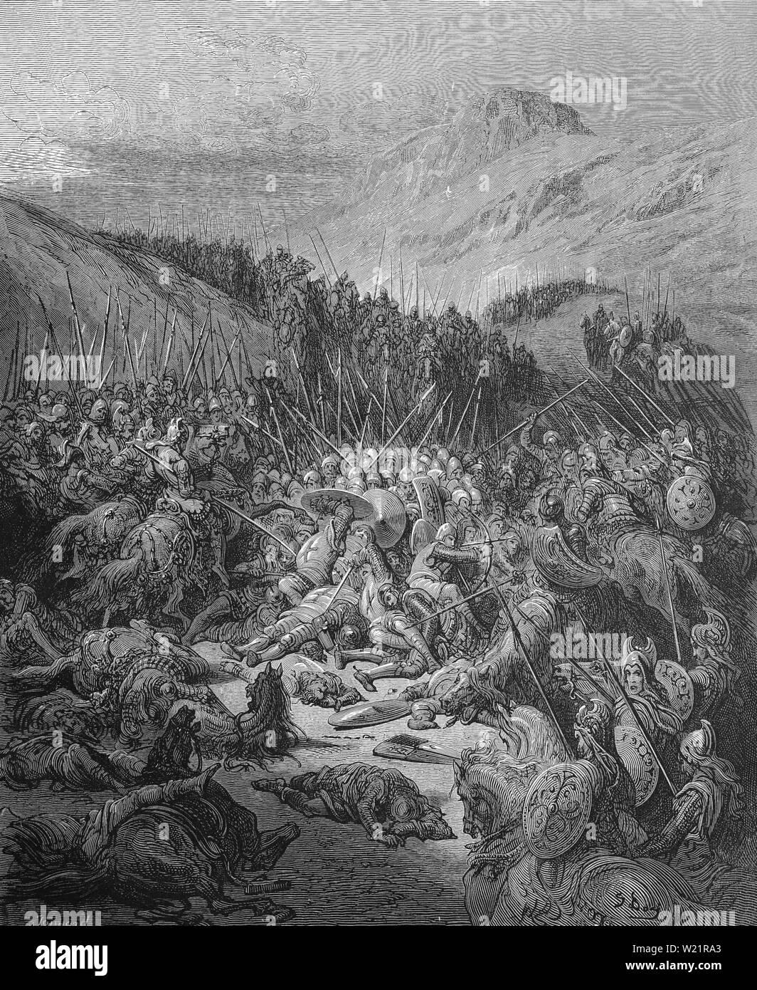 La battaglia di Arsuf, Battaglia della Terza Crociata in cui Richard I di Inghilterra ha sconfitto le forze del leader Ayyubide Saladino, 1885, storico Foto Stock