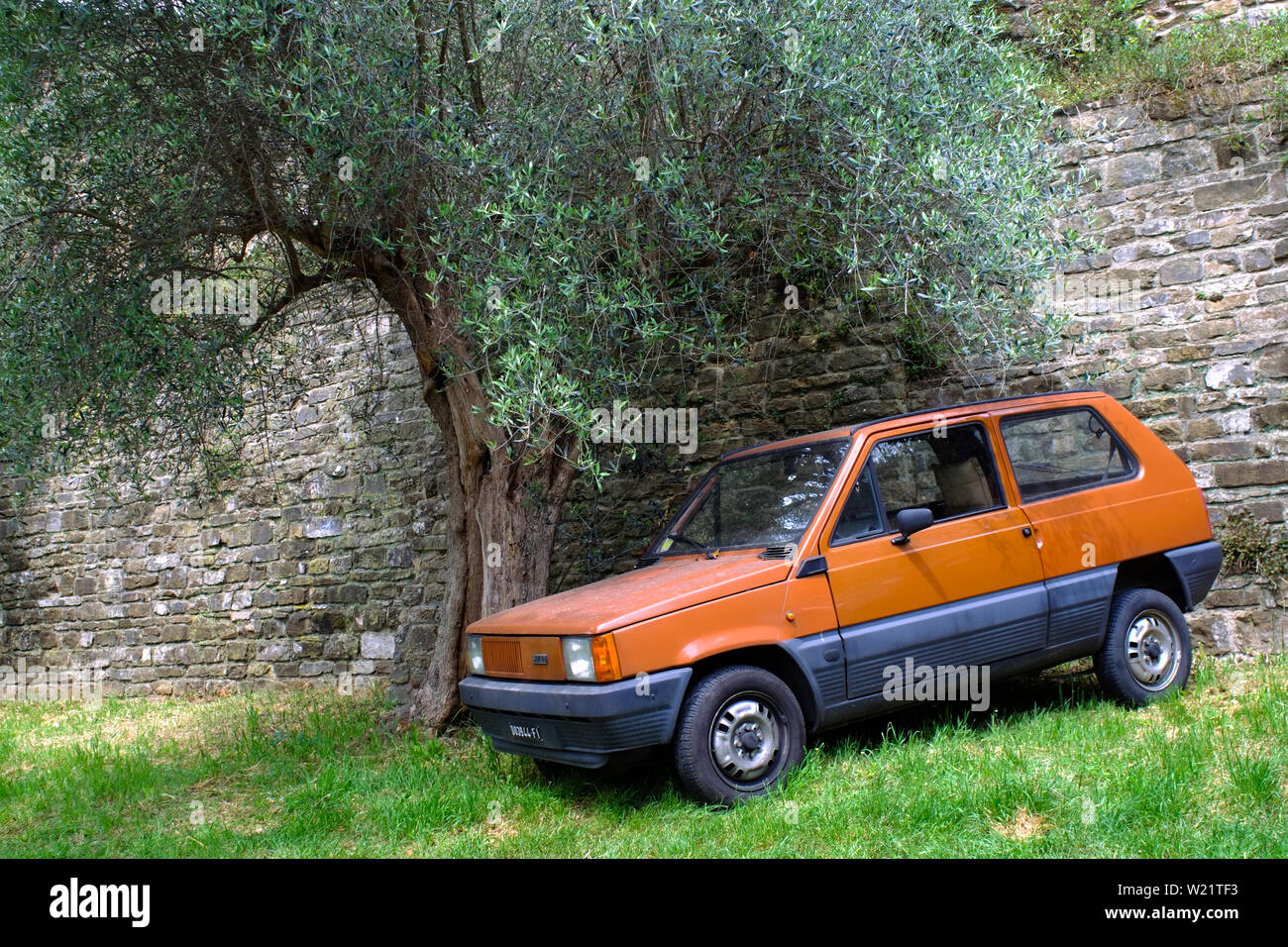 Vintage Fiat Panda parcheggiato a fianco di un antico muro e un albero di olivo. I confini di Firenze vicino al Forte Belvedere. Toscana, Italia Foto Stock