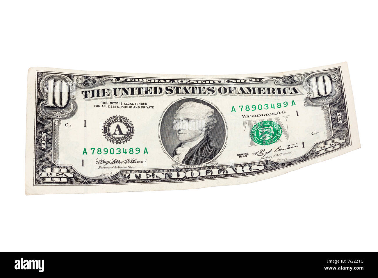 Dieci dollari su sfondo bianco. Noi soldi in una risoluzione estremamente elevata. Foto Stock