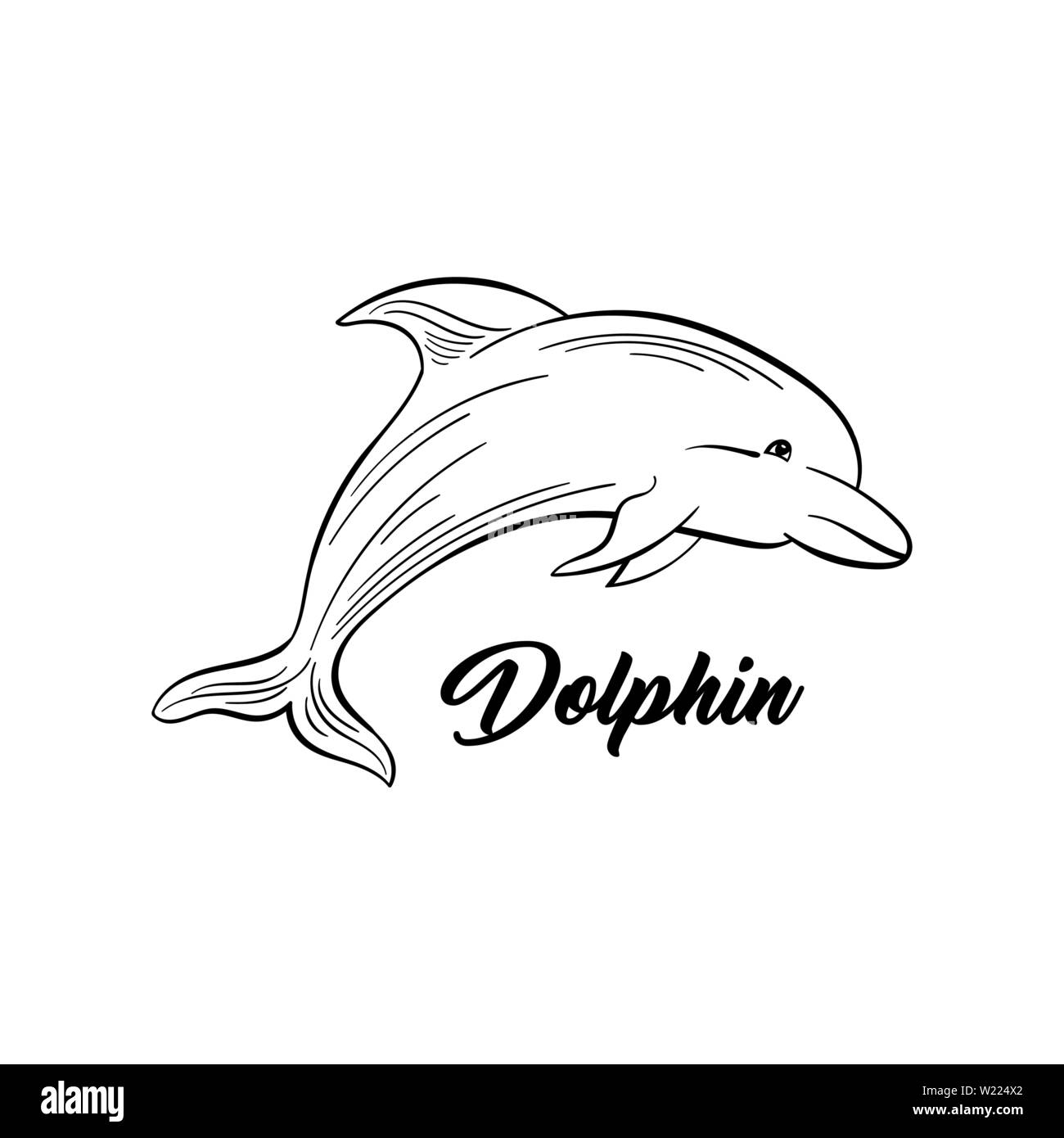 Dolphin piana monocromatica illustrazione vettoriale. Mare, animale mammifero intelligente di disegno a mano libera. Una creatura di acqua salata di inchiostro nero disegno. La vita marina, rappresentante della fauna disegnò profilo con iscrizione Illustrazione Vettoriale