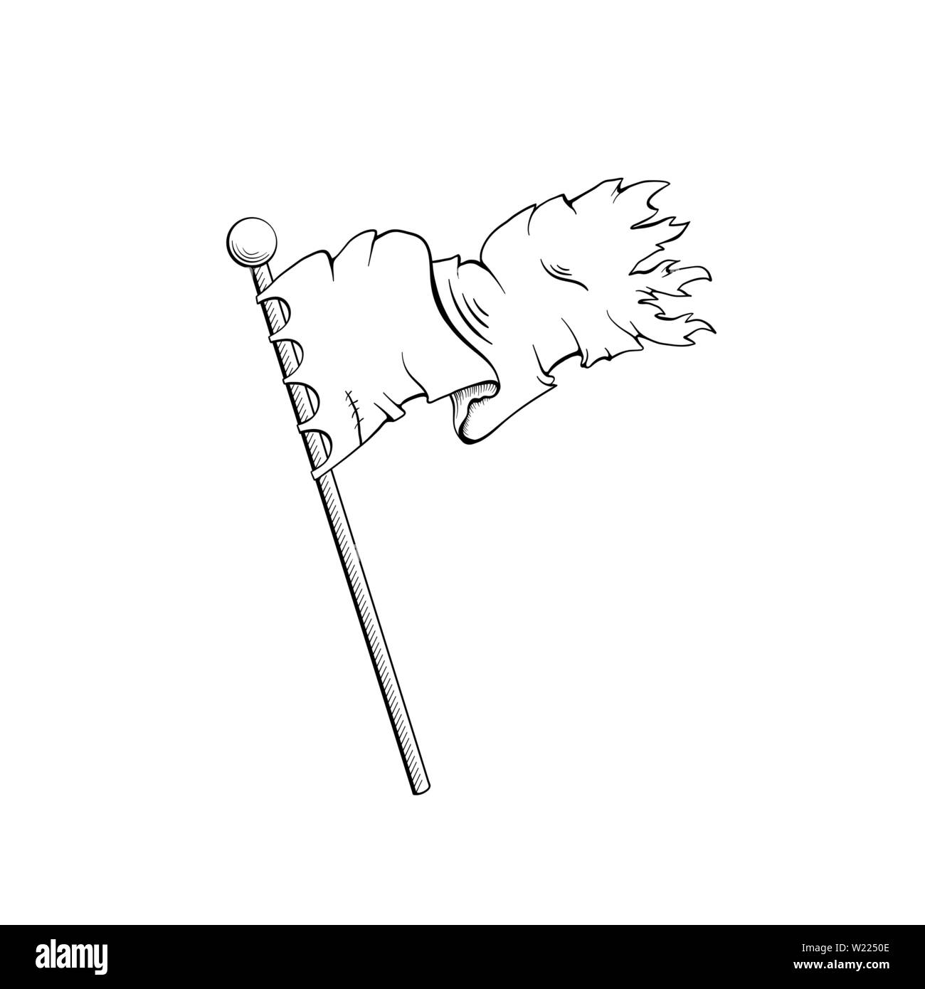 Antica bandiera bianco e nero illustrazione. Vecchio weathered standard, cavalieri e guerrieri accessorio schizzo in bianco e nero. Sventolando striscioni, gonfalone sul palo di legno incisione. Rievocazione storica logo del club Illustrazione Vettoriale